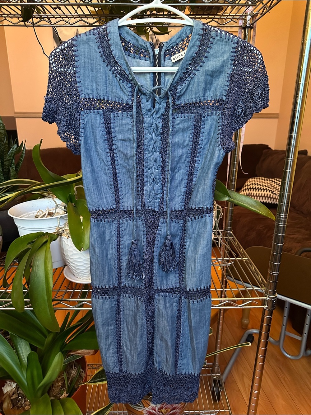 Alice + Olivia Crocheted Chambray Dress